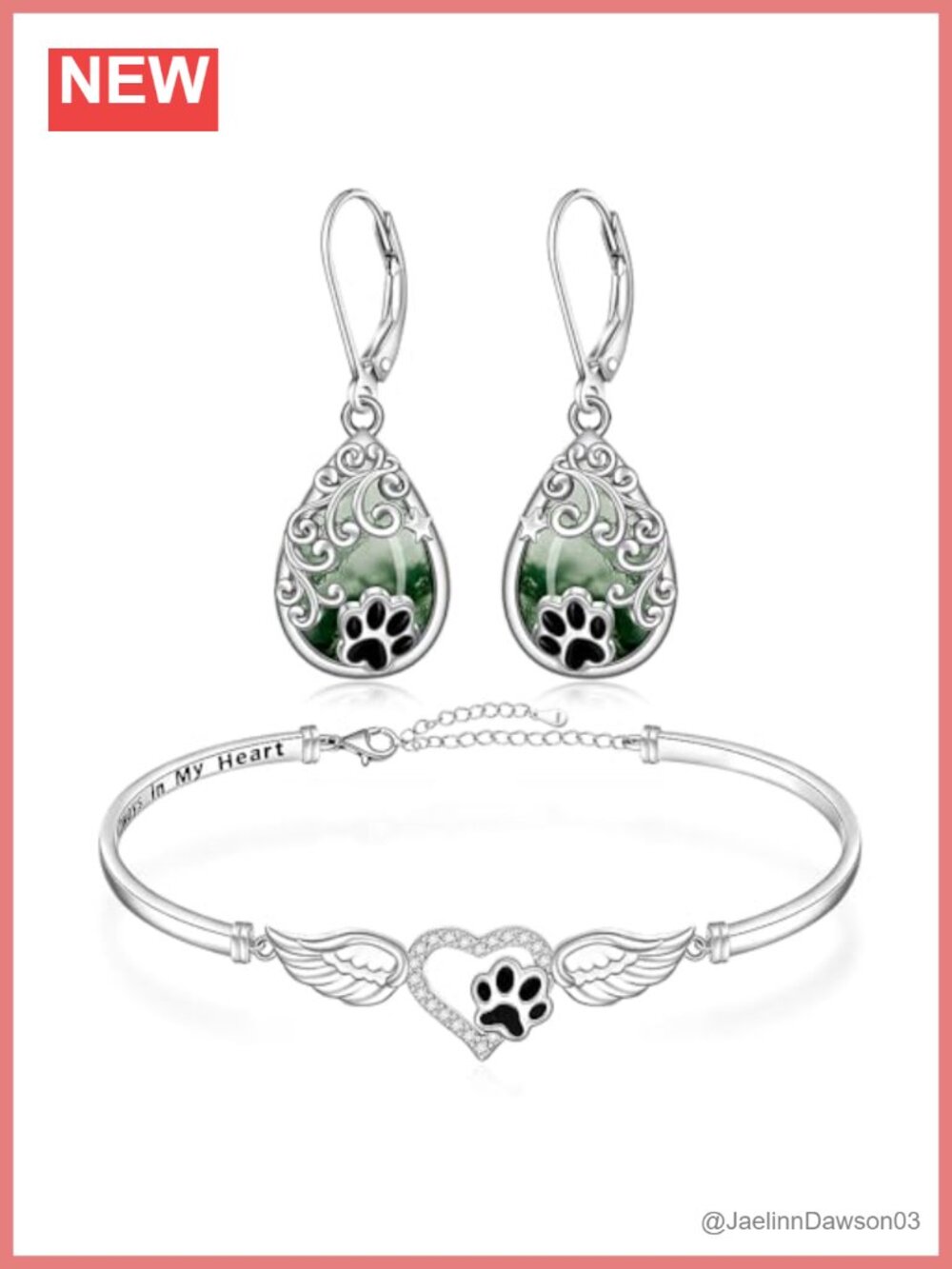 Paw Print Bracelet Earrings Set 925 Sterling Silver Dog Mom Gift Jewelry